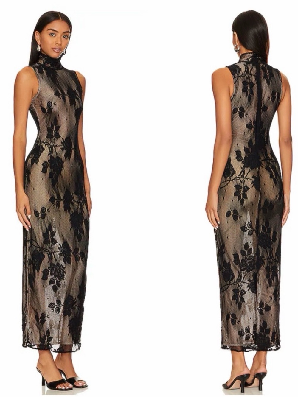 $250 NBD Black Sheer Floral Maxi Dress S